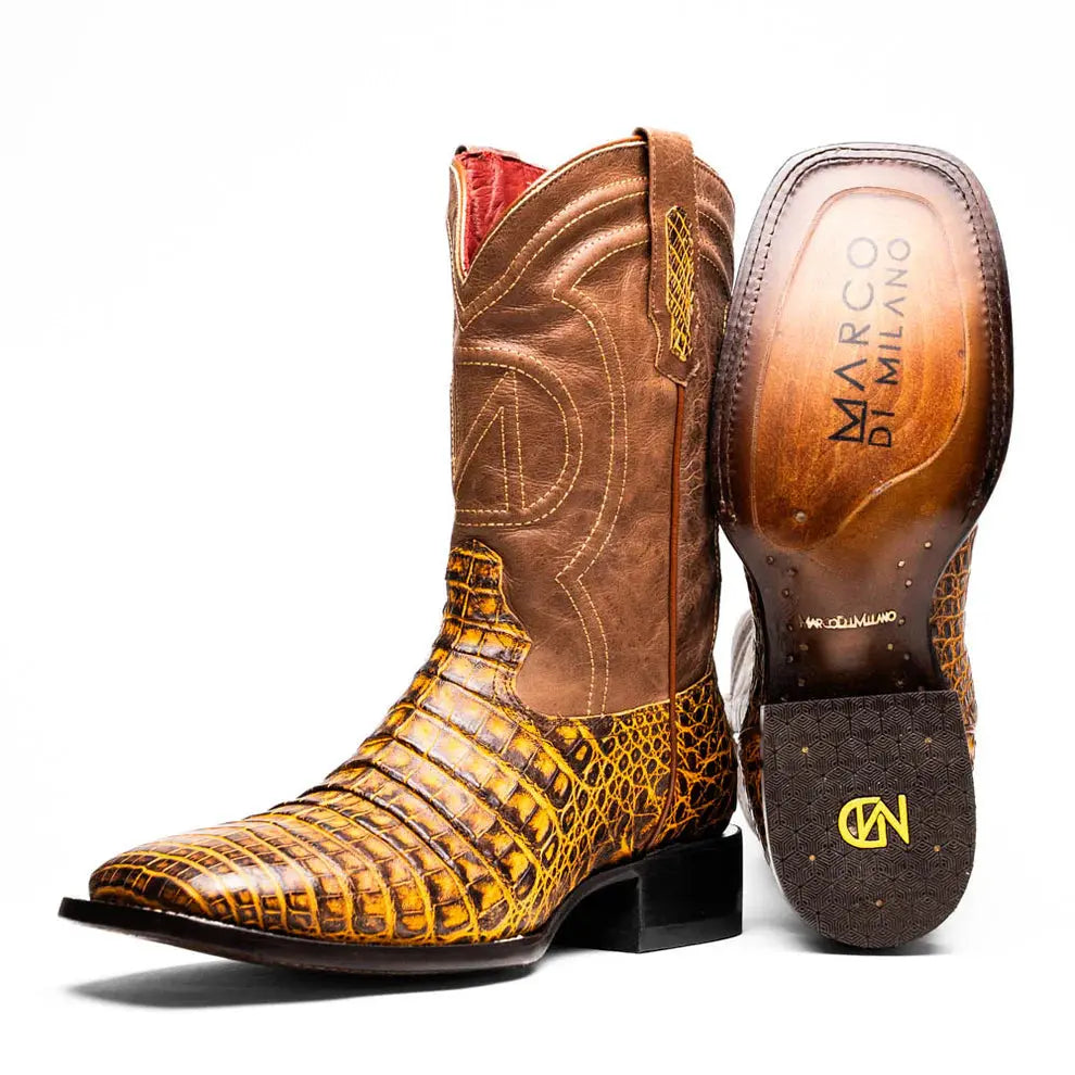 Marco Di Milano Tucson Mustard Brown Genuine Caiman Crocodile Cowboy Boots